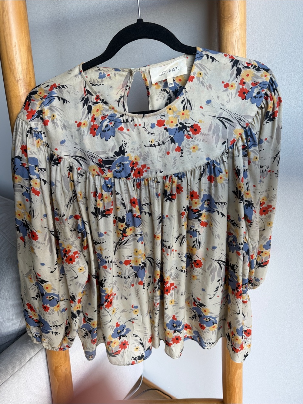 THE GREAT. Fun, blousy Cream Floral Blouse with Blue and Red Accents